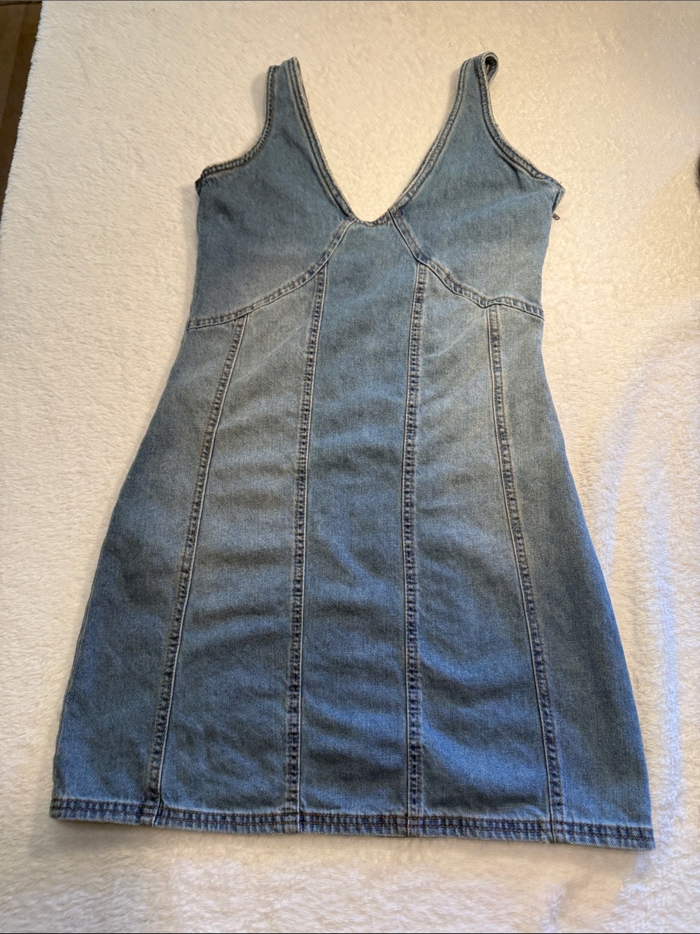 Lone Star Denim Mini Dress with low V-Neck, side zip and distressing